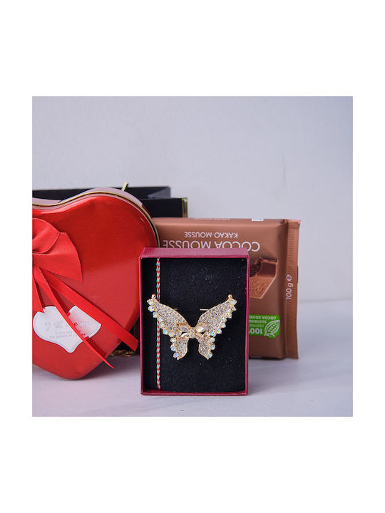 Set Cadou Tenderness Brosa Martisor Fluture Cremă De Mâini Eveline Argan Și Vanilie Ciocolată Ritter Sport Cacao Mousse Cutie Metalică Săpun Trandafiri Ursuleț De Pluș Plus În Geantă Elegantă Stil Poșetă Roșie