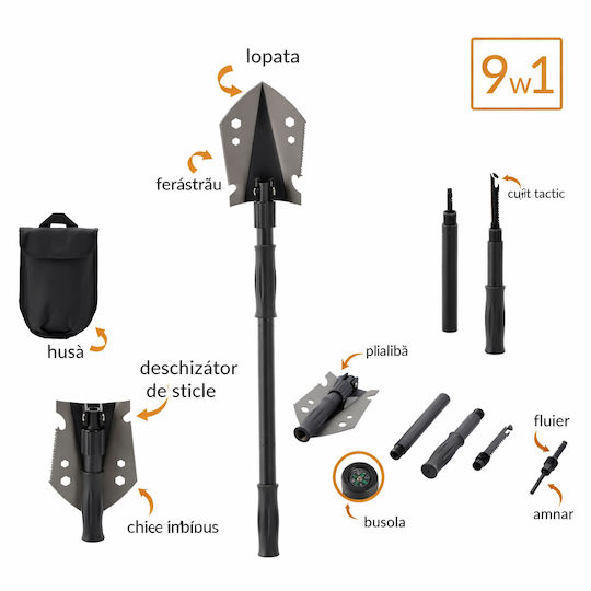 Lopată Multifuncțională Pliabilă 9-in-1 Camping Grădină Oțel 70 Cm Neagră