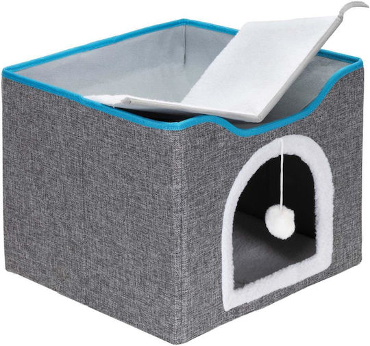Platformă Căsuță pentru Pisici cu Jucărie Suspendată Structură din Lemn Husă din Material Textil 42x41x34 Cm Gri