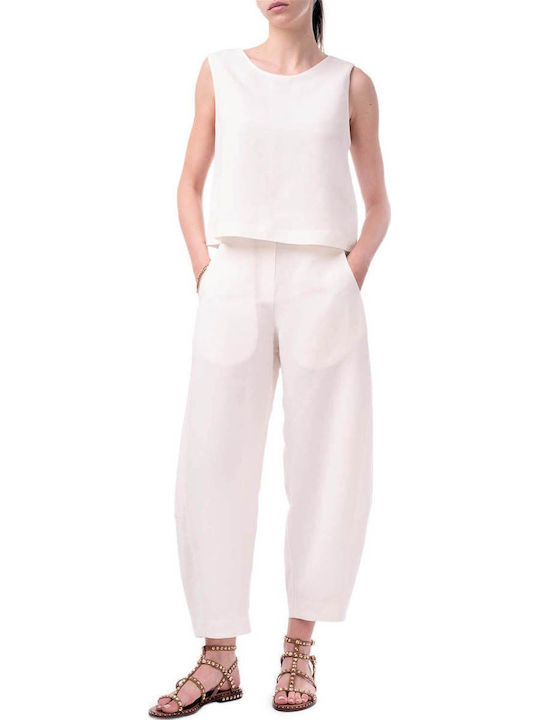 Damen Sommer Leinen Ärmellose Bluse in Creme Farbe