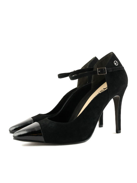 Suede Pointed Toe Heels with Stiletto Heel and Strap Black