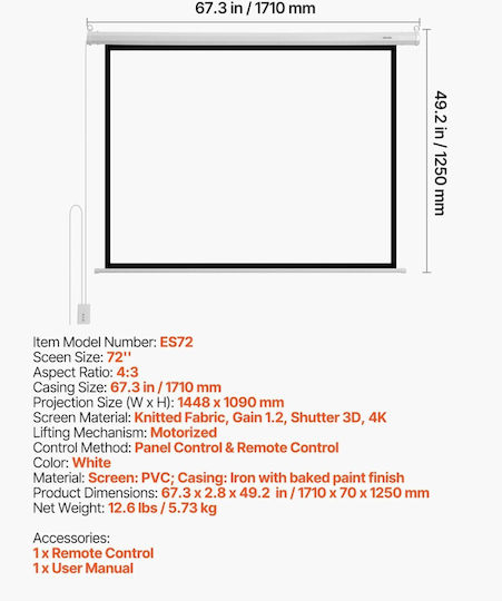 Vevor Electric Projection Screen for Projector for Wall/Ceiling with 4:3 Aspect Ratio / 72"