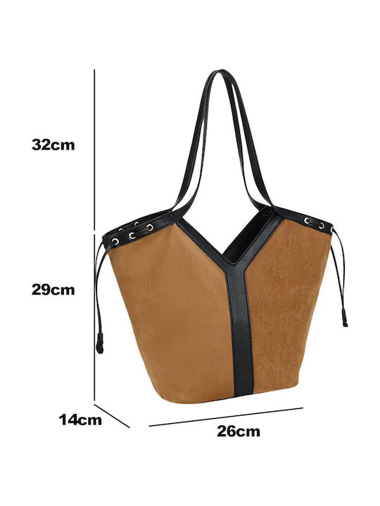 Gallantry Modern Tote Bag Women Suede-like Appearance Side Drawstring Brown Beige