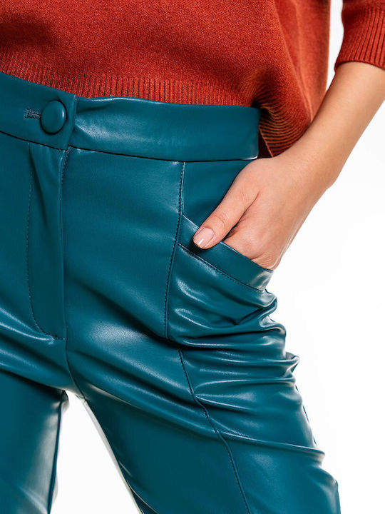 Pantaloni Damă Din Piele Croială Tapered Verde