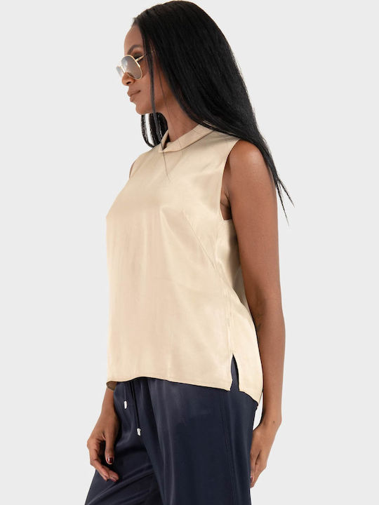 Women's Blouse Satin Sleeveless Beige