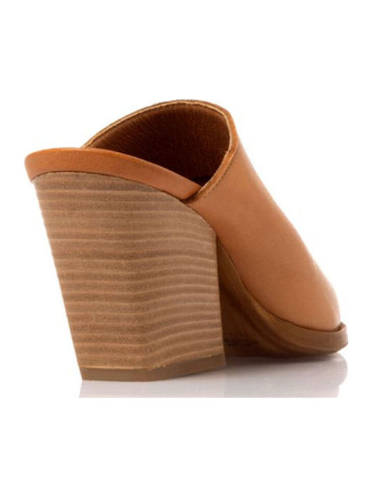 Leather Mules with High Heel in Brown Colour