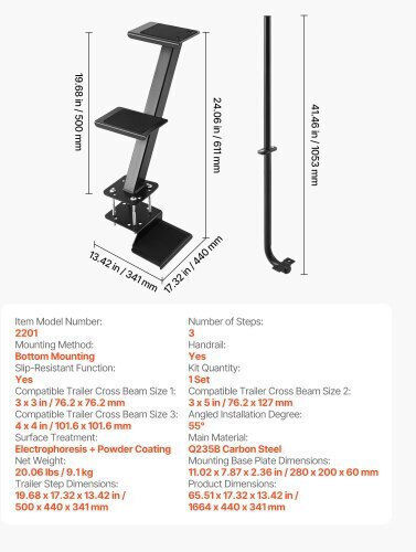 Vevor Boat Trailer Steps 3-step Heavy-duty Boat Trailer Steps Handle Non-slip Surface 3 Mounting Angle Options Steel Ladder 76.2 X 76.2/76.2 X 127/101.6 X 101.6 Mm Frame Bottom Mounting