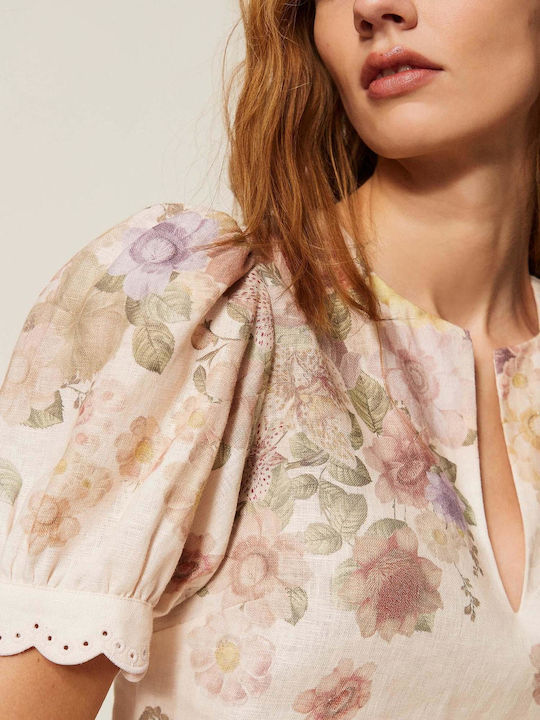 Γυναικείο Καλοκαιρινό Crop Top Λινό με V Λαιμόκοψη Floral Φλοράλ
