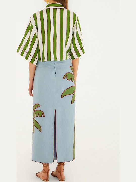 Λινή Maxi Φούστα Floral Blue