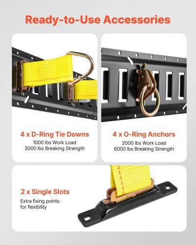 Vevor E-track Tie-down Rail Kit 4 Pack 0.4 M E Tracks Set 21 Pcs Includes 2 Ratchet Straps & 4 O-rings & 4 Tie-offs D-ring & 2 Single Slots & 8 End Caps & 1 Bag Fit Garages Vans Trailers
