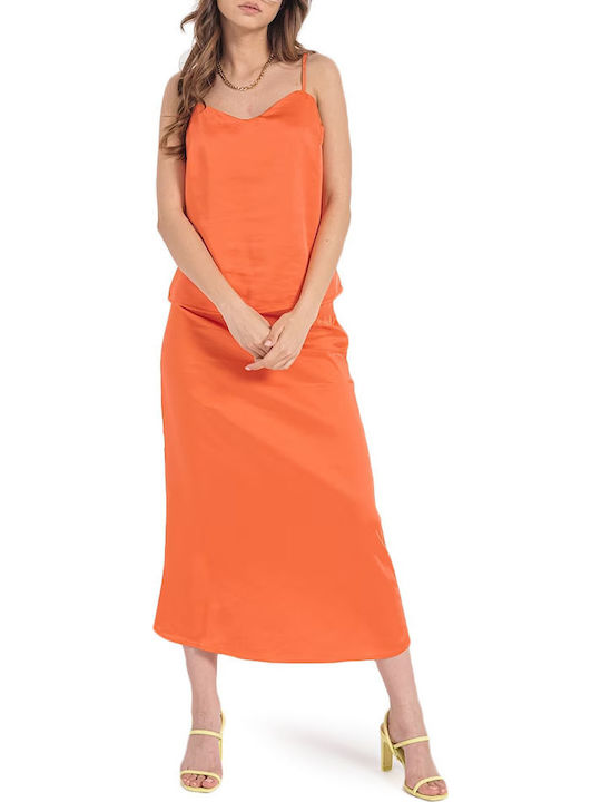 Women's Blouse Satin with Straps & V Neckline Orange