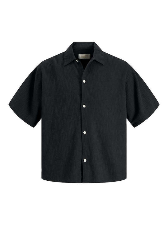 Short Sleeve Cotton Shirt In Wide Line Black