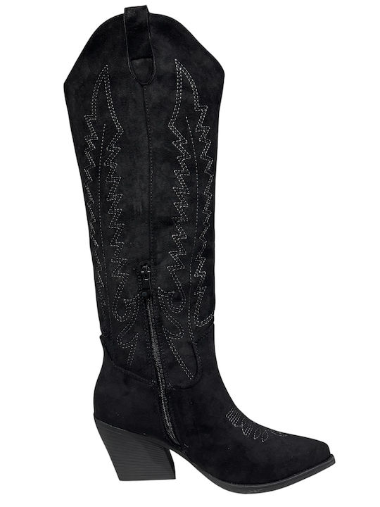 Cizme Dama Cowboy de Catifea cu Toc Mediu Negre