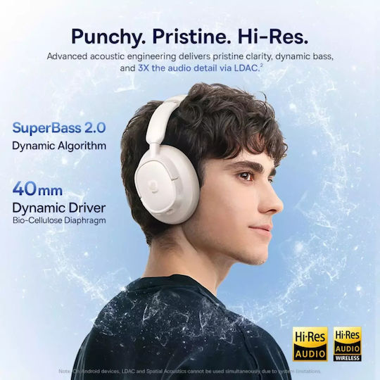 Baseus Bass BH1 NC Kabellose Bluetooth Über Ohr Kopfhörer mit 80 Stunden Wiedergabezeit und Schnellladung Starlight Off-White