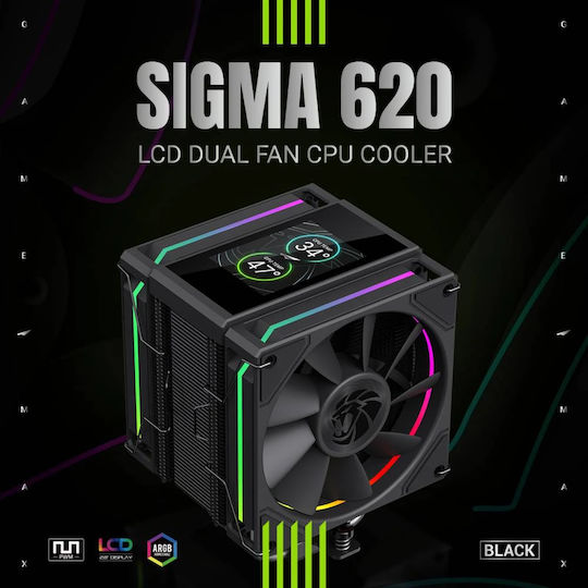 GameMax Sigma 620 LCD CPU Cooler Dual Fan for Socket AM4 AM5 1200 1700 with ARGB Lighting