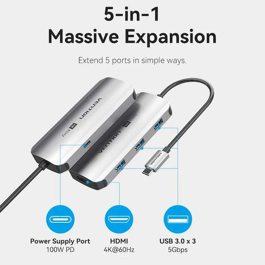 Vention TQDHB USB-C Докинг станция с HDMI 4K PD Сребрист