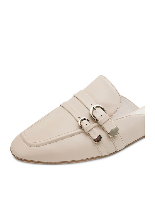 Leather Mules with Heel in Ecru Colour