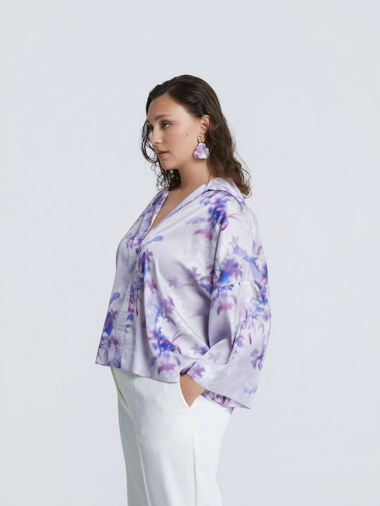 Women's Satin Floral Lilac Blouse