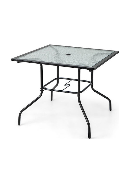 Outdoor Dinner Free Standing Table with Glass Surface and Metal Frame Metallic 89x89x72cm
