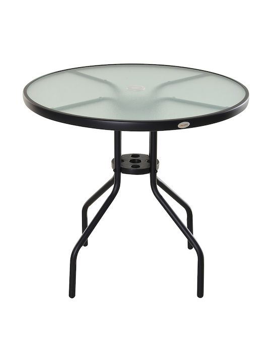 Outdoor Dinner Table with Glass Surface and Metal Frame Black 80x80x72cm