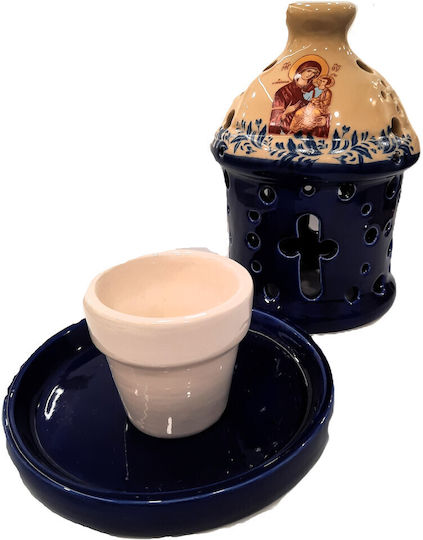 Ceramic Vigil Oil Lamp Panagia Potiraki Ceramic Two-Tone Ceramic Vigil Oil Lamp Two-Tone White Blue Vigil Oil Lamp Dimensions Diameter × Height 14 × 18 Cm