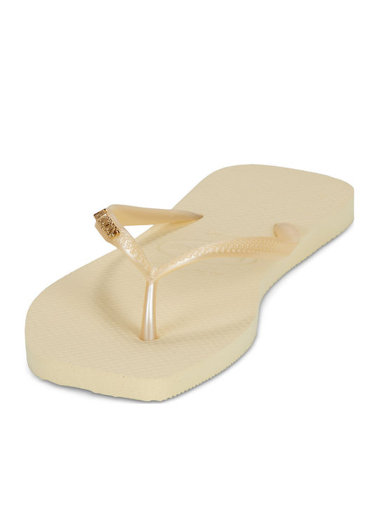 Square Logo Metallic Flip Flops in Beige Colour