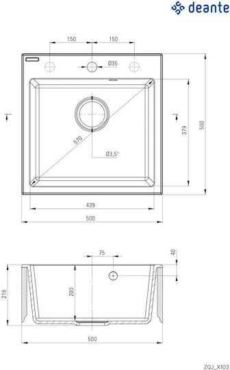 Deante ZQJ G103 Drop-In Küchenspüle aus Flüssigem Granit M50xP20cm Grau