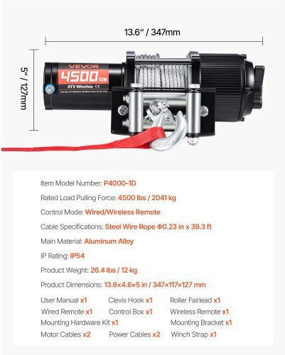 Vevor Ηλεκτρικός Εργάτης Αυτοκινήτου 4x4 12V με Δυνατότητα Έλξης 2041kg
