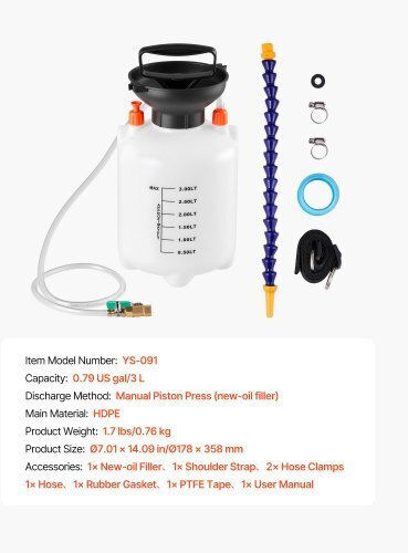 Vevor Transmission Fluid Pump 3 L Capacity Manual Fluid Transfer Pump 120 Cm Long Horse & Hdpe Tank Transmission Oil Pump Ptfe Tape Manual Automotive Oil Filling System