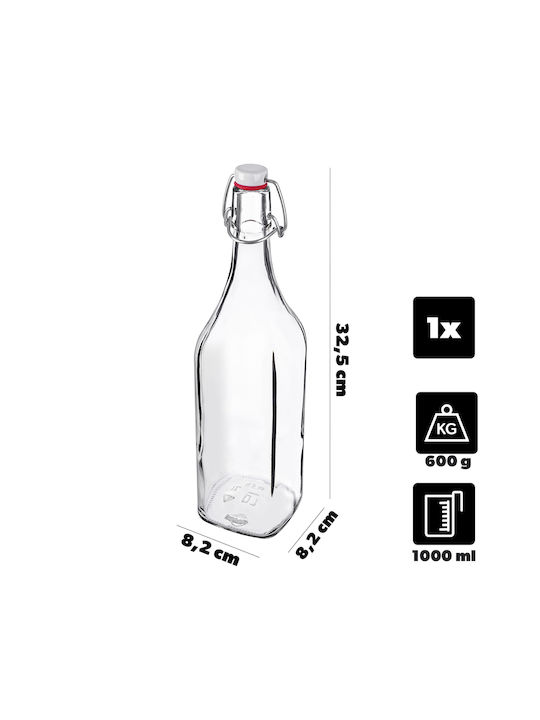 Kadax Μπουκάλι Νερού Γυάλινο με Κλιπ Διάφανο 1000ml