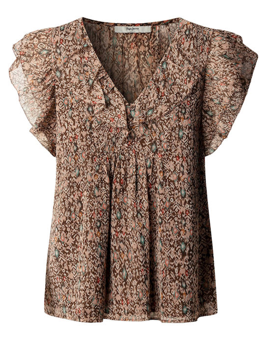 Women's Short Sleeve Blouse with V Neckline Floral Earth-Brown