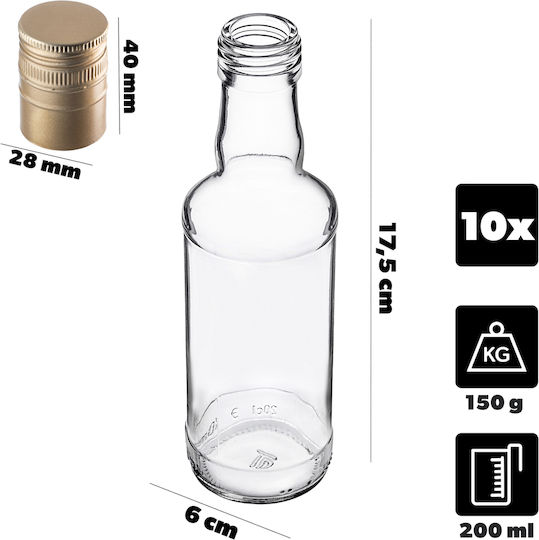 Glass Bottle 200ml Long Golden Cap 10 Pcs