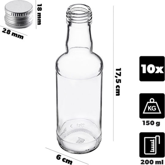Glass Bottle 200ml Silver Cap 10 Pcs