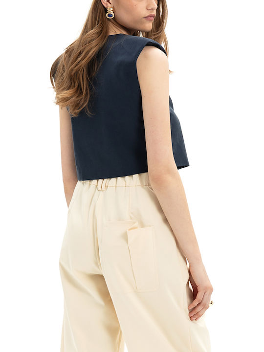 MY T Bluza Damă Crop Top Bumbac Fără Mâneci Albastră MY T Bluza Damă Crop Top Bumbac Fără Mâneci Albastră