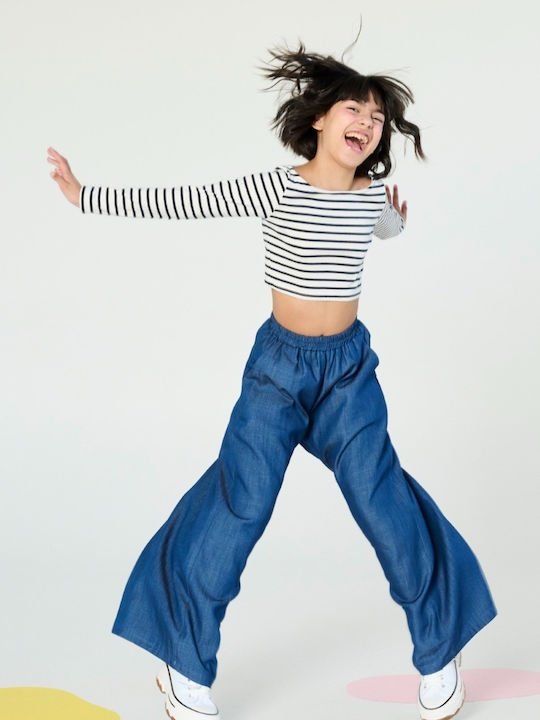 Top Pentru Copii Crop Top Cu Mâneci Lungi Alb - Albastru