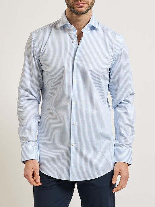 Boss Camasa Barbati Maneca Lunga Slim Fit Cu Dungi Albastru Deschis