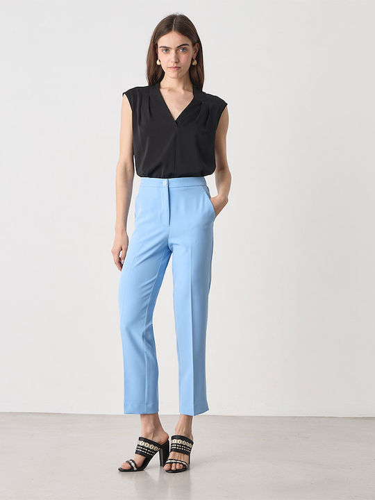 Pantaloni Dama Crep Cu Elastic Talie Înaltă Bleu