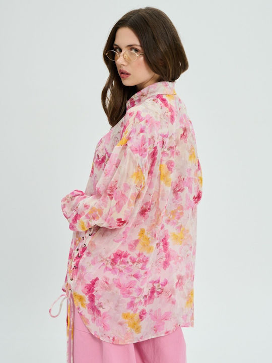 Project Soma Long Sleeve Women's Silky Floral Pink Shirt