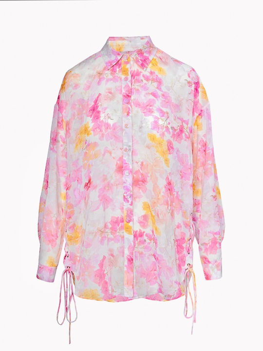 Long Sleeve Women's Silky Floral Pink Shirt