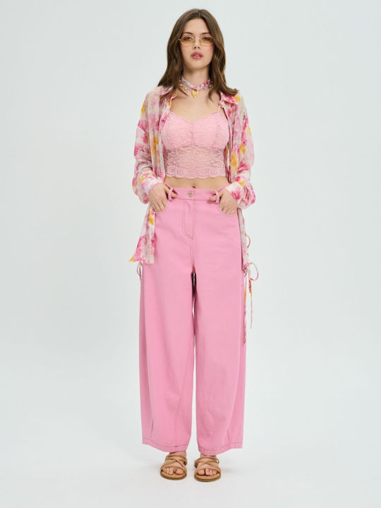 Long Sleeve Women's Silky Floral Pink Shirt