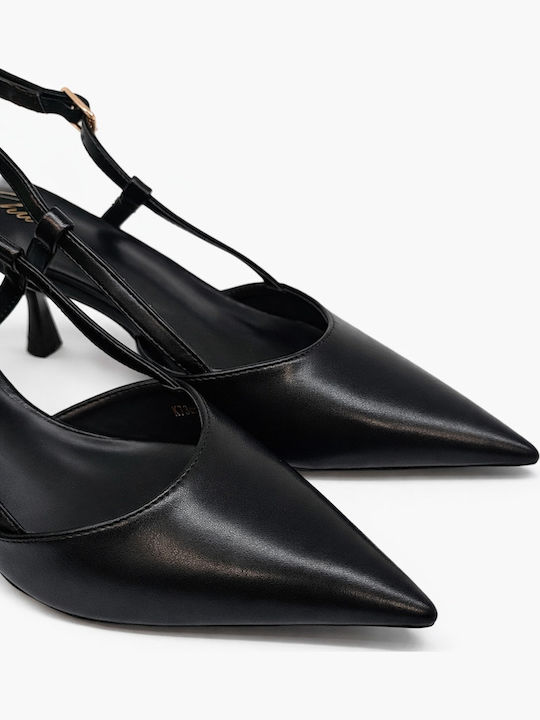 Pointed Toe Heels with Strap & Thin Mid Heel Black