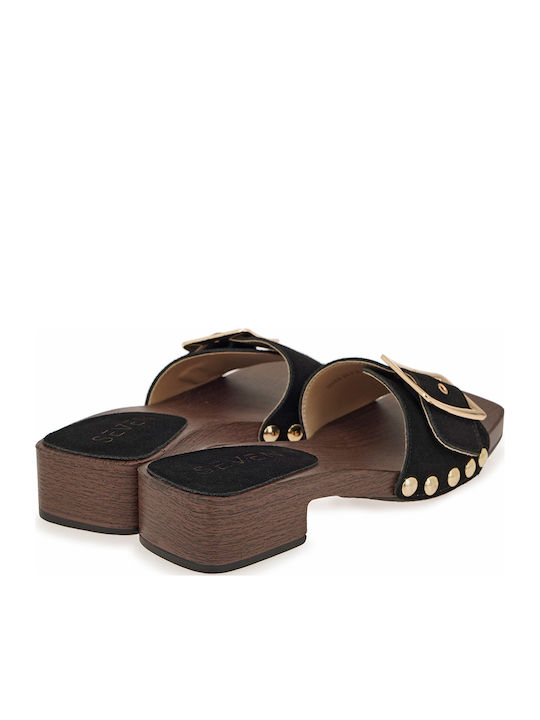 Suede Mules with Low Heel in Black Colour