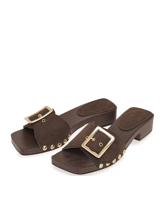 Suede Mules με Χαμηλό Τακούνι σε Καφέ Χρώμα