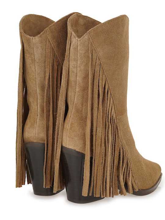 Wildleder Damen Stiefeletten Cowboy mit hohem Absatz Tabak