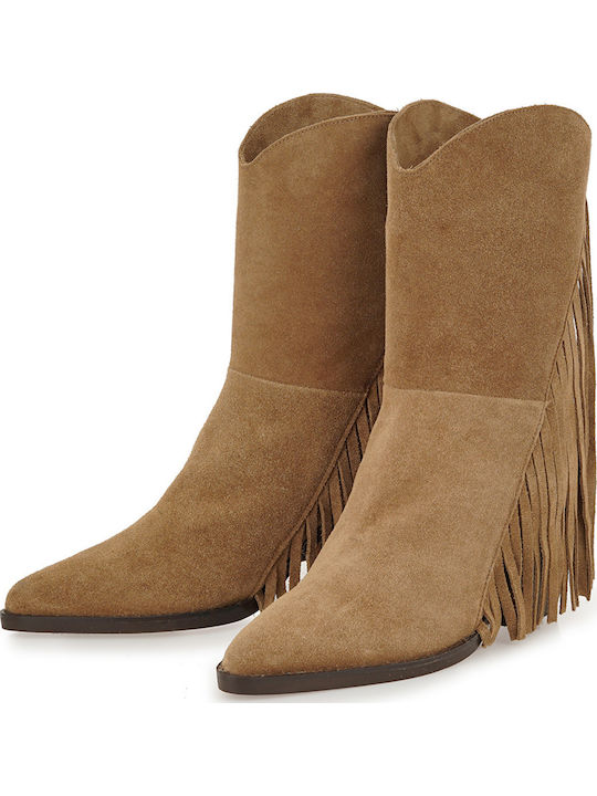 Wildleder Damen Stiefeletten Cowboy mit hohem Absatz Tabak