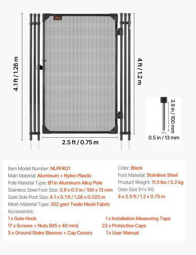 Vevor Pool Fence Gate 1.2 X 0.75 M Inground Swimming Pool Fences Gate Outdoor Security Fencing Door Kit Metal Latch 352 Gsm Teslin Pvc Mesh Round Tube Lockable Easy Installation Black