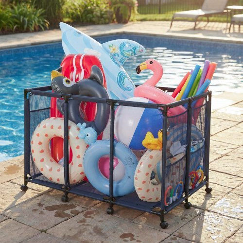 Vevor Pool Storage Bin 125 X 84 X 84 Cm Rolling Pool Float Storage Organizer Side Pockets & Casters Heavy Duty Metal Frame Poolside Toys Noodles Holder Mesh Basket Swimming Pools