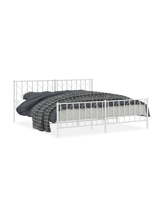 Bed King Size Metal White with Slats for Mattress 193x203cm