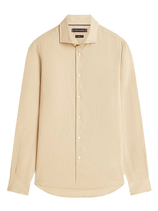 Langärmeliges Leinenhemd in Enge Passform Beige