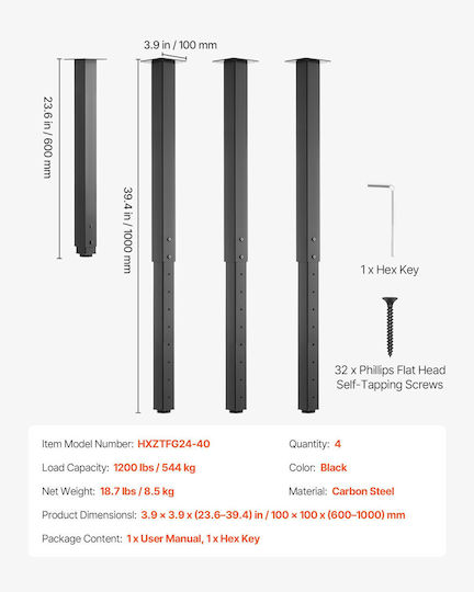 Vevor Metal Furniture Leg with Regulator 4 Pieces Suitable for Table Coffee Table Desk 61cm Black